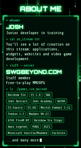 Animated About Me Twitch panel in the binary theme